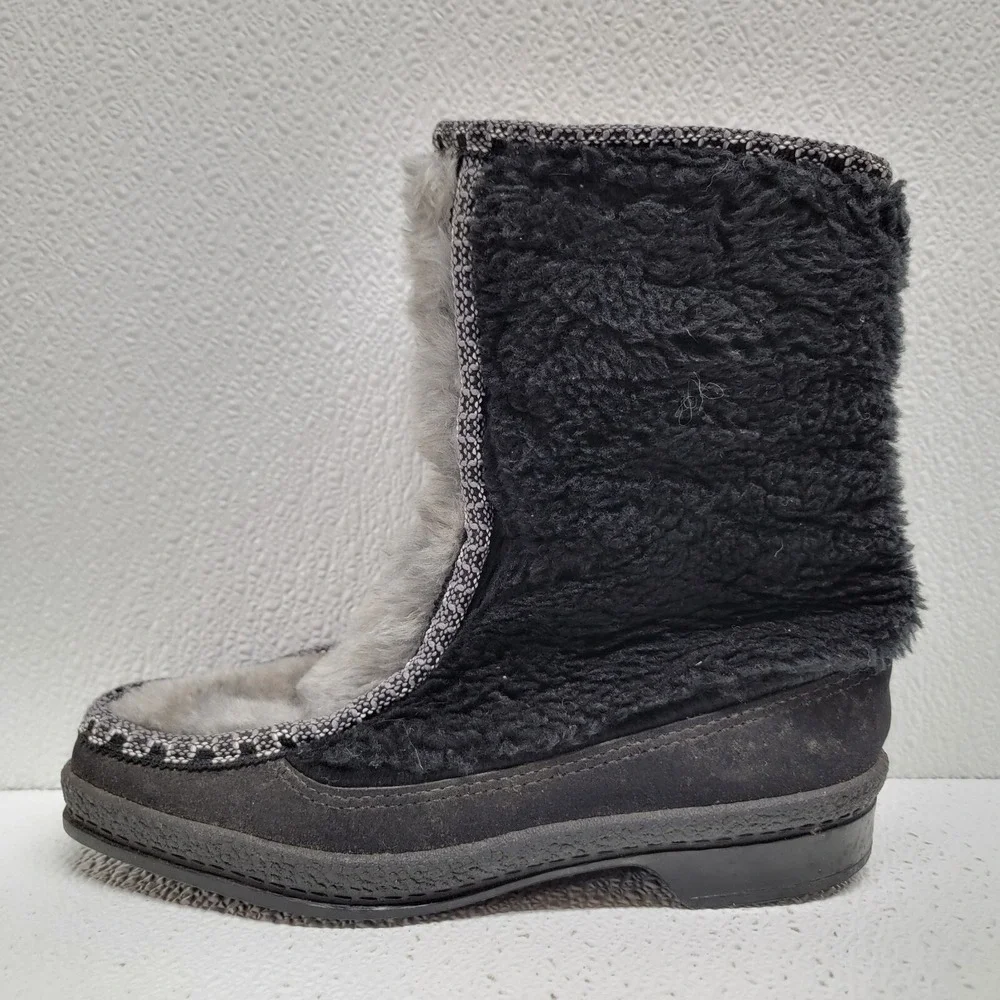 Vintage SNOWLAND Women's Faux Fur Lined Zip  Up Snow Boots Black Gray Size 5